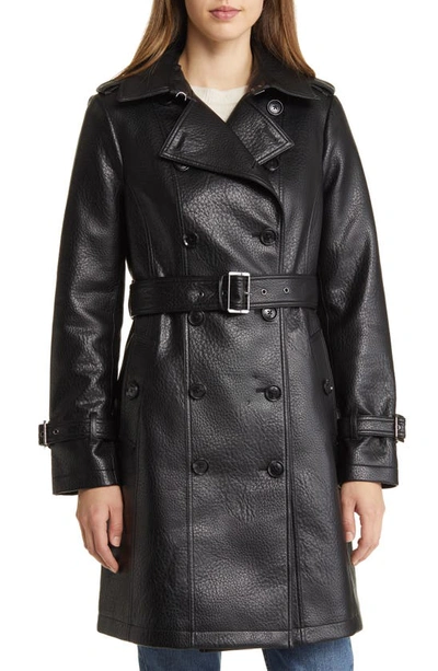Michael Michael Kors Double Breasted Faux Leather Coat In Black