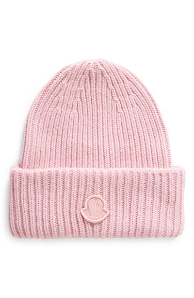 Moncler Logo Patch Rib Wool Beanie In Pink
