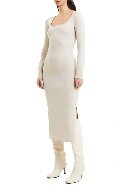 French Connection Babysoft Square Neck Long Sleeve Midi Dress In Light Oatmeal Melange