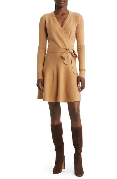 French Connection Long Sleeve Faux Wrap Sweater Dress In Camel Melange