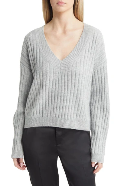 Open Edit V-neck Rib Sweater In Grey Heather