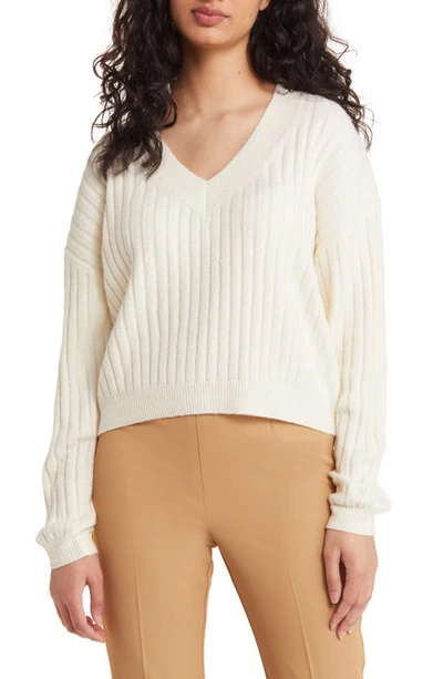 Open Edit V-neck Rib Sweater In Ivory Dove