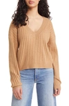 Open Edit V-neck Rib Sweater In Tan Cartouche