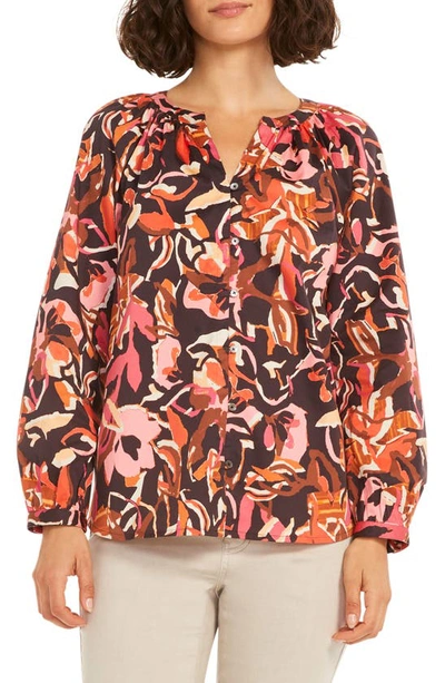 Nic + Zoe Autumn Flowers Split Neck Button-up Blouse In Pink Multi