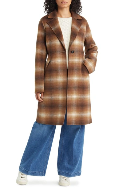 Michael Michael Kors Notched Collar Longline Wool Blend Coat In Dk Camel Combo Plaid