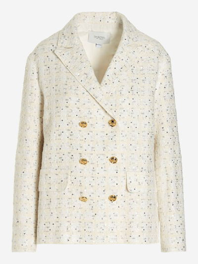 Giambattista Valli Double Breasted Sequin Embellished Boucle Tweed Jacket In White