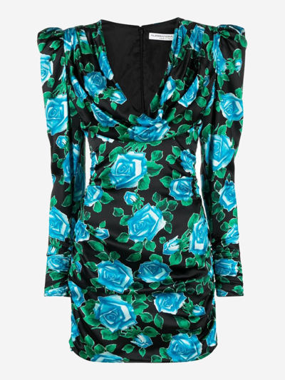 Alessandra Rich Draped Floral-print Duchesse Silk-satin Mini Dress In Black