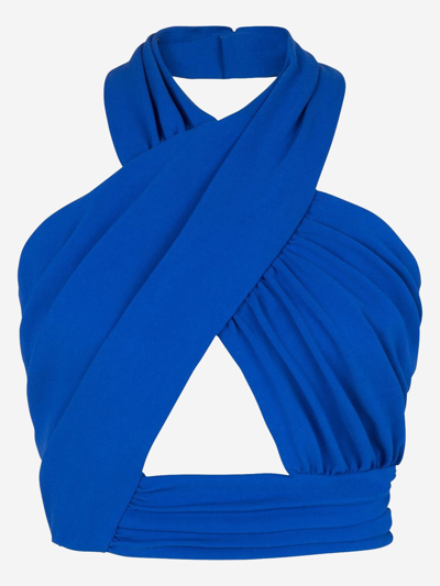 Balmain Draped Jersey Crop Top In Blue