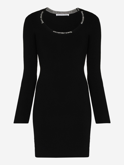 Alexander Wang Logo Scoop Neck Dress In Stretch Viscose In Black