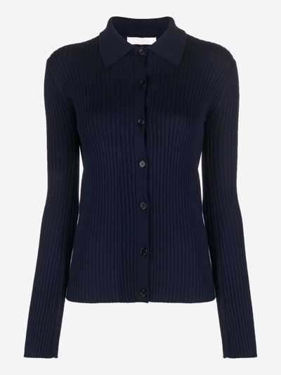 Chloé Long Sleeve Wool Polo Shirt In Blue