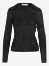Tory Burch Metallic Stripe Ribbed Merino Wool Sweater In Black
