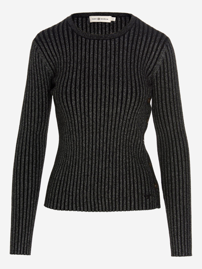 Tory Burch Metallic Stripe Ribbed Merino Wool Jumper In Black