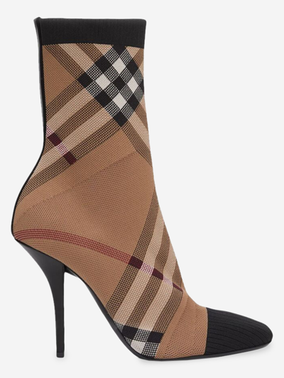 Burberry Leather-trimmed Checked Knitted Ankle Boots In Birch Brown
