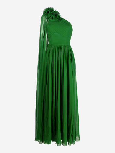 Elie Saab 花朵装饰真丝单肩长款连衣裙 In Green