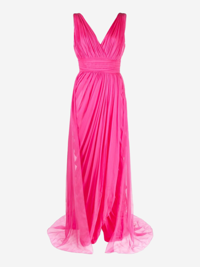 Alberta Ferretti Draped Pleated Organic Chiffon Sleeveless Gown In Pink