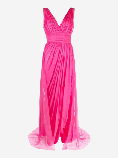 Alberta Ferretti Draped Pleated Organic Chiffon Sleeveless Gown In Fucsia