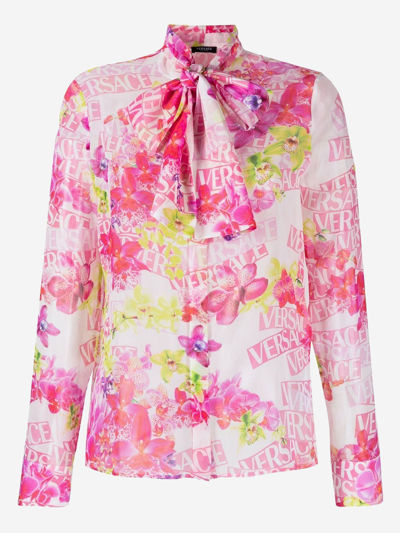 Versace Bow Neck Detail Printed Shirt In White