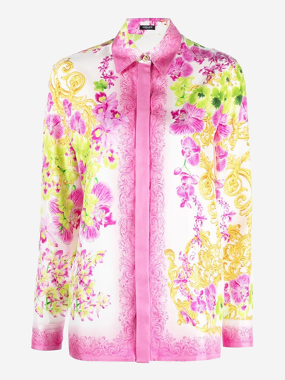 Versace Orchid Print Button-down Silk Blouse In White