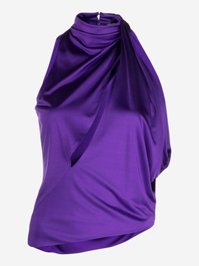 Versace Cutout Draped Sleeveless Jersey Blouse In Purple