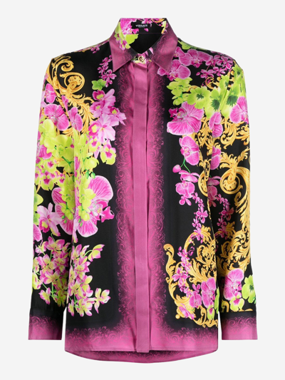 Versace Orchid Print Silk Twill Pajama Shirt In Multicolor