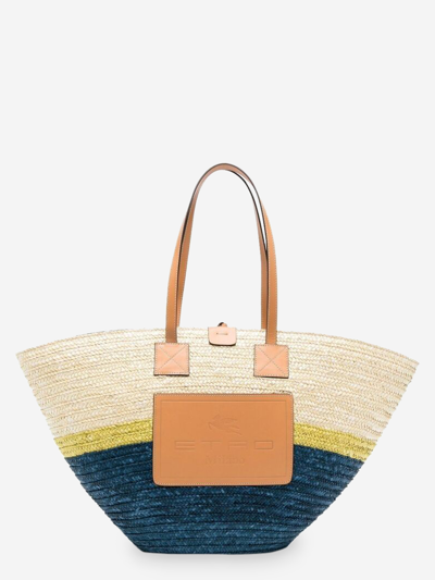 Etro Logo-patch Straw Tote Bag In Brown