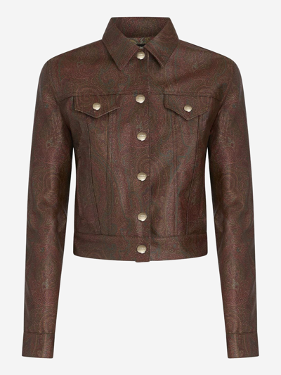 Etro Cropped Paisley-print Coated Cotton-blend Canvas Jacket In Brown