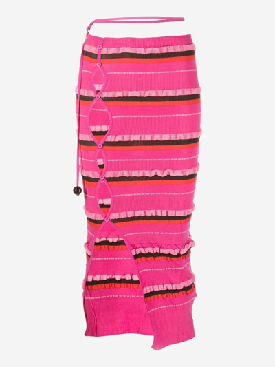 Jacquemus Concha Cutout Striped Ruched Seersucker Midi Skirt In Dark Pink