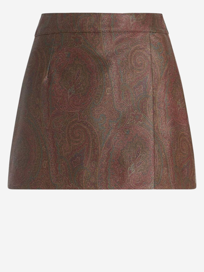 Etro Printed Coated-canvas Mini Skirt In Brown