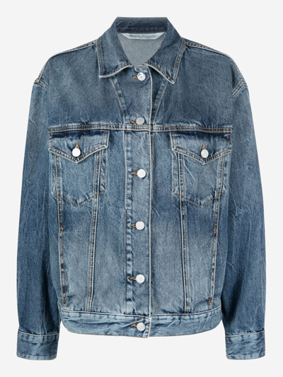 Palm Angels Sunrise Paneled Leather-trimmed Denim Jacket In Blue