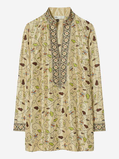 Tory Burch Embroidered Silk Tory Tunic In Khaki