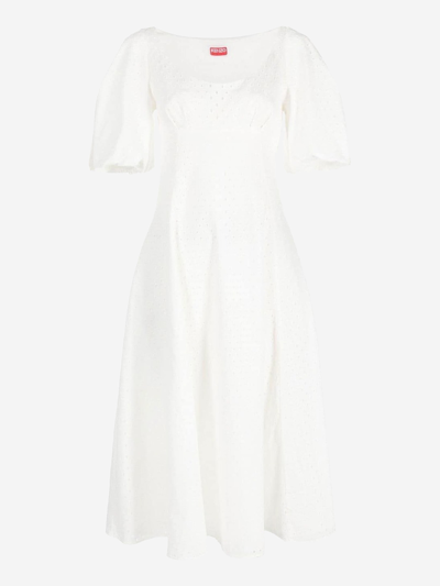 Kenzo Puff-sleeve Embroidered Midi Dress In White