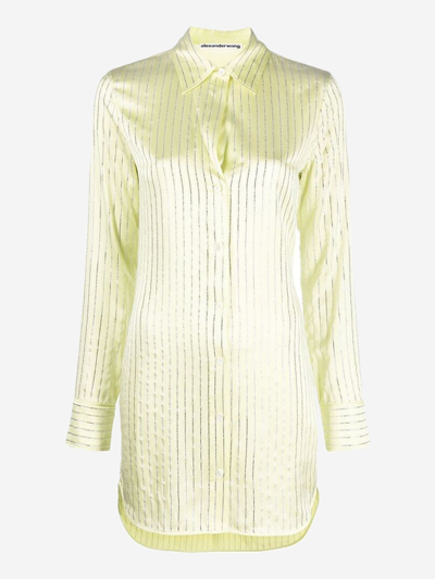 Alexander Wang Crystal-striped Silk Mini Shirt Dress In Green