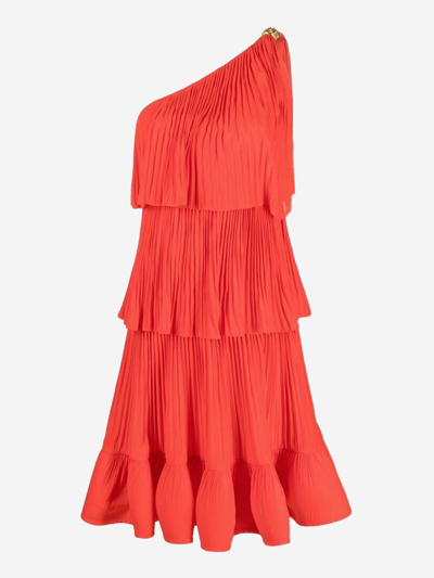 Lanvin One Shoulder Tiered Ruffle Dress In Rosso