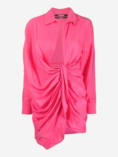 Jacquemus La Robe Bahia Draped Shirtdress In Pink