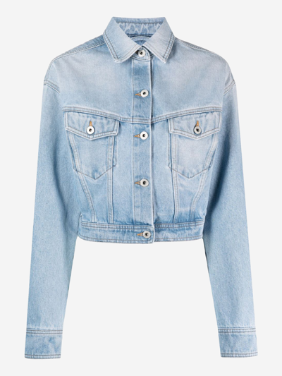 Off-white Toy Box Splatter Paint Crop Denim Jacket With Detachable Hood In Blue