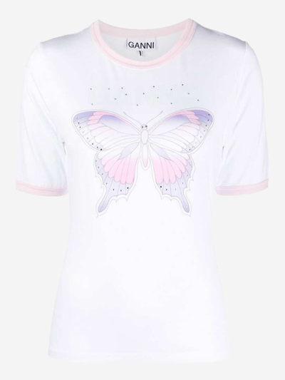 Ganni Stone Embellished Butterfly Print Crewneck T-shirt In White