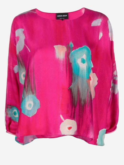 Giorgio Armani Silk Floral Print Parachute Blouse In Pink