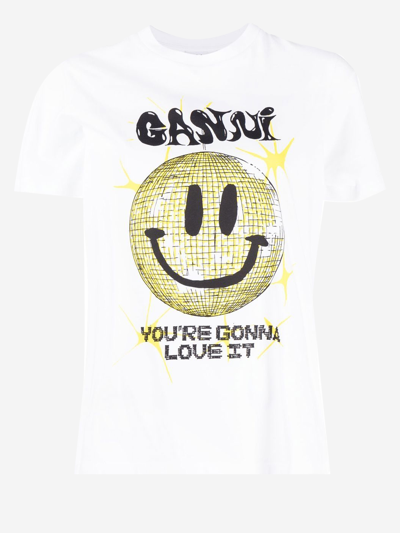 Ganni Crewneck Smiley Tee In Bright White