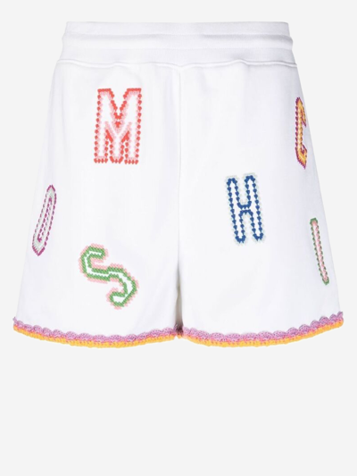 Moschino Embroidered Cotton Jersey Mini Shorts In White