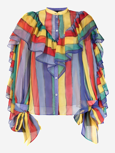 Rochas Stripe-print Ruffled Blouse In Yellow