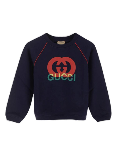 Gucci Kids Logo Printed Crewneck Sweatshirt In Blue