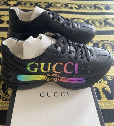 Pre-owned Gucci 100%  Apollo Calfskin Rhyton ‘rainbow Logo' Sneakers Sz 40 Us 10 In Black