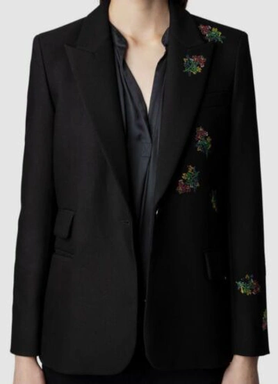 Pre-owned Zadig & Voltaire $698  Women's Black Beaded Floral Stretch Blazer Size Fr 34/us 2