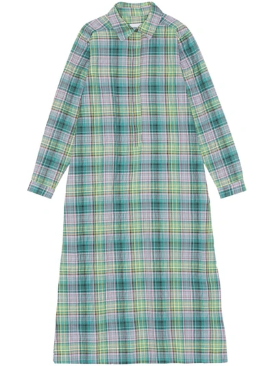 Ganni Seersucker Check Shirt Dress In Lagoon