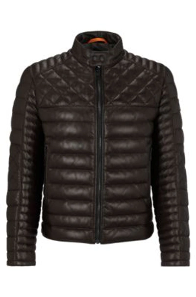 Hugo Boss Nappa Leather Jacket With Stand Collar In Dark Brown