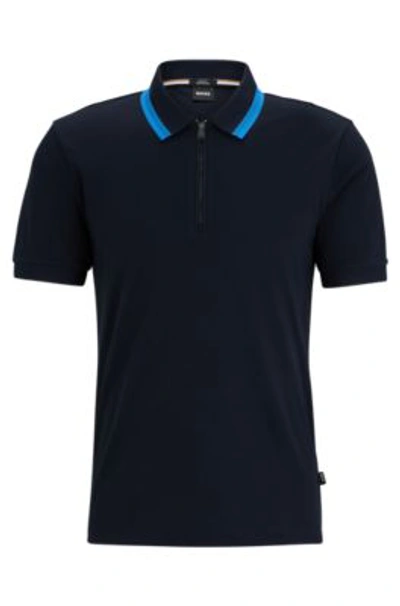 Hugo Boss Slim-fit Polo Shirt In Cotton With Zipper Neck In Dark Blue