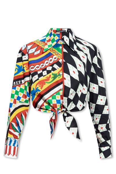 Dolce & Gabbana Short Popeline Carretto Printed Shirt With Knot In Multicolor