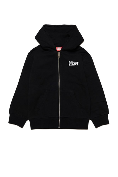 Diesel Kids Lsteppiu Logo Printed Zipped Hoodie In Black