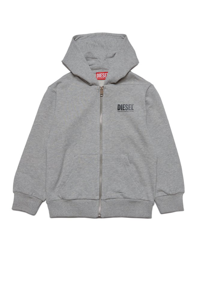 Diesel Kids Lsteppiu Logo Printed Zipped Hoodie In Grey