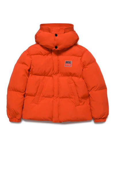 Diesel Kids' Hooded Padded Jacket With Patch In Orange